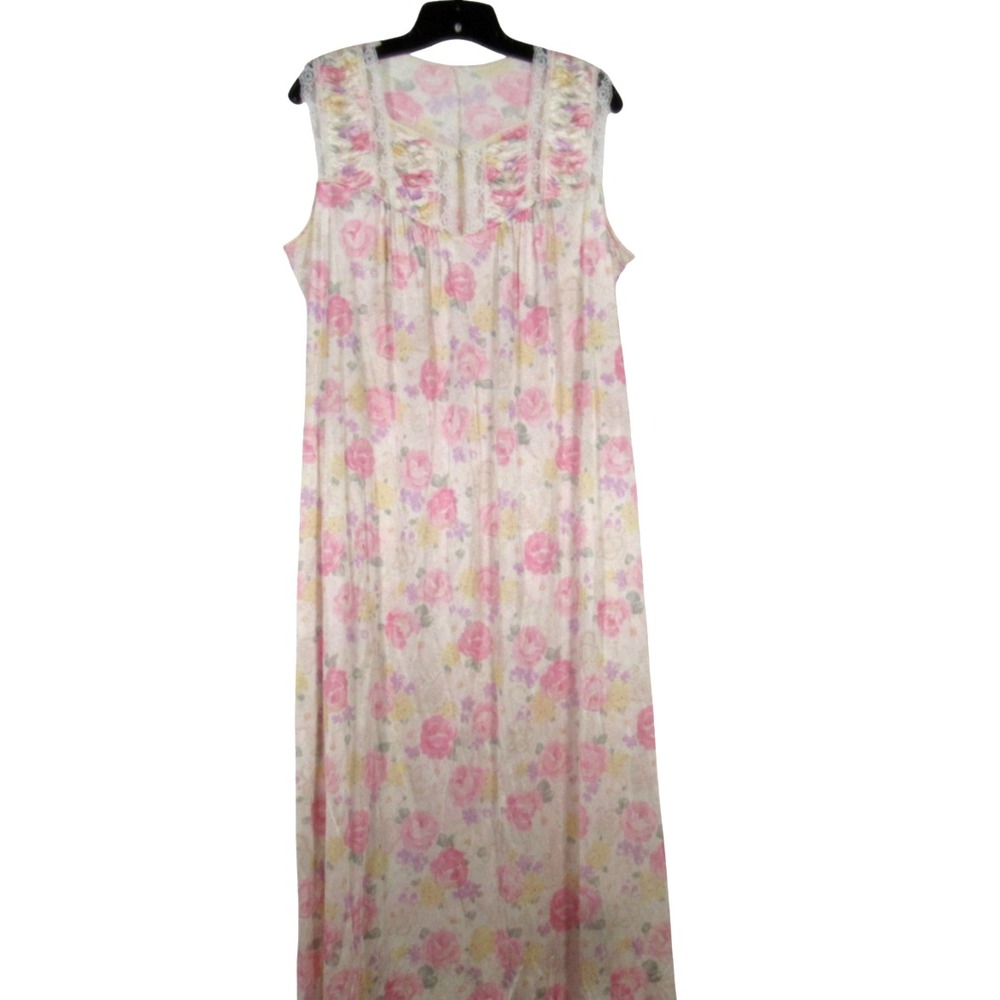VANITY FAIR Silky NYLON Ivory/Multi LACE & PLEATS Sleeveless LOUNGE NIGHTGOWN M
